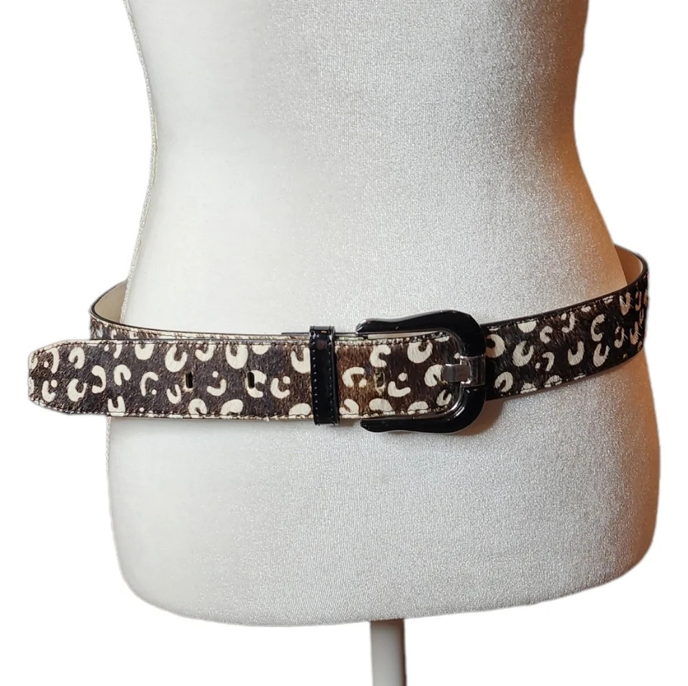 100% Calf Hair Leather Dark Brown White Spotted belt